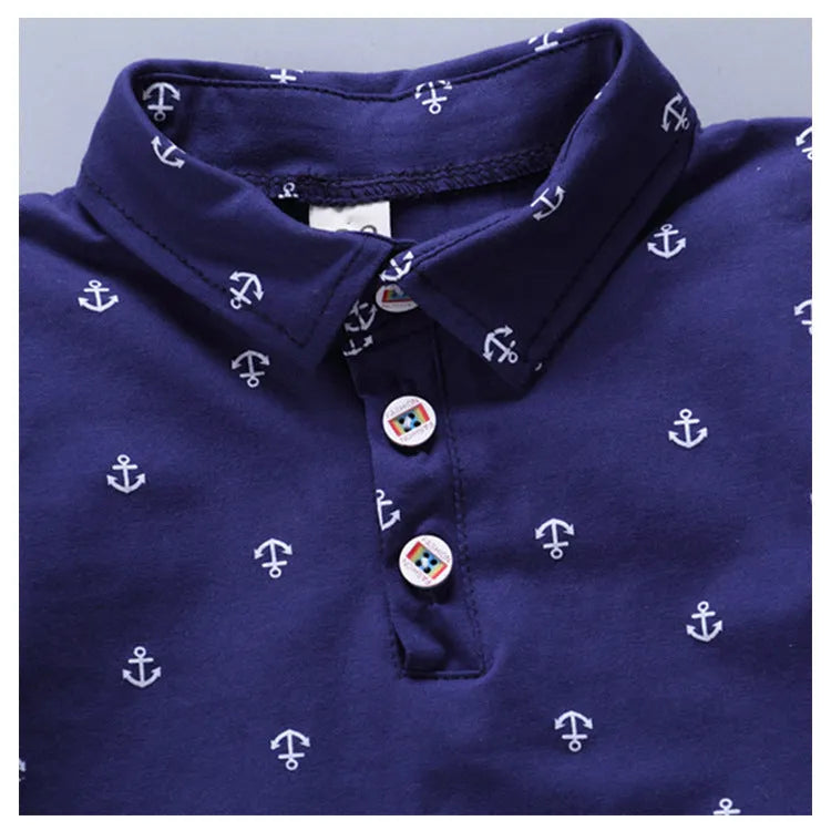 Anchor print cotton baby boys' romper in blue, short sleeves and cropped trousers, Korean style.