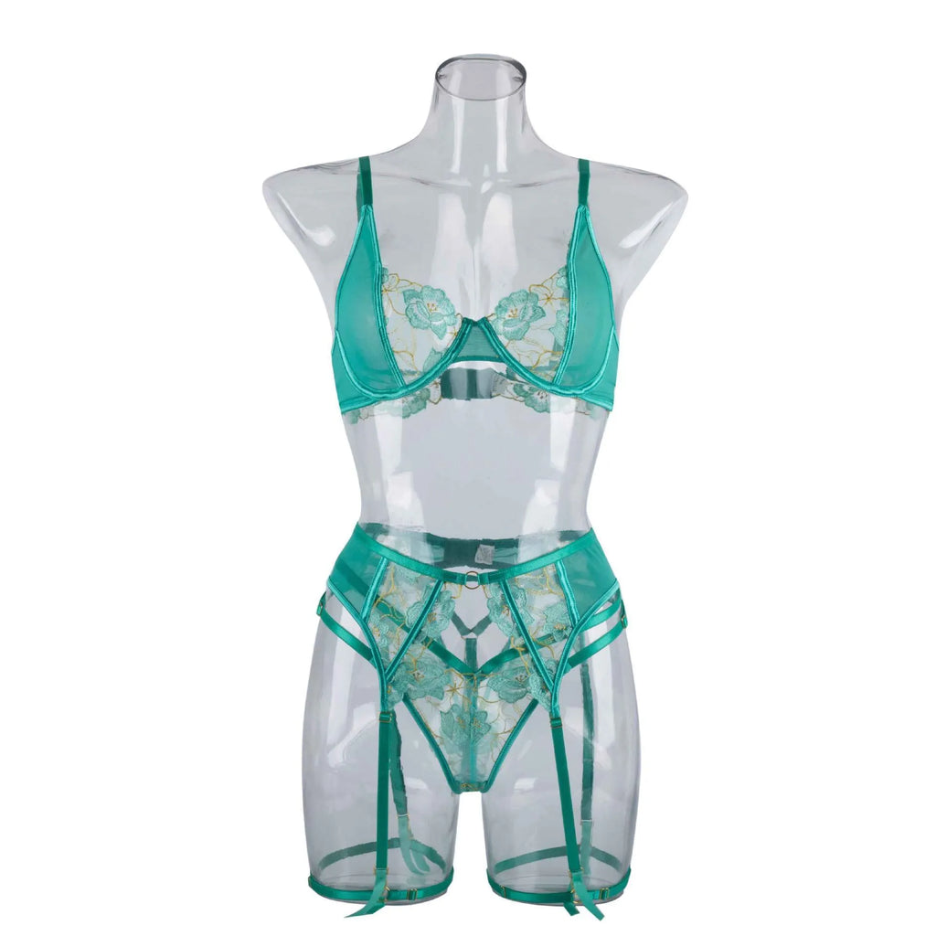 Light green embroidered women's bra and bikini set in three-point style.