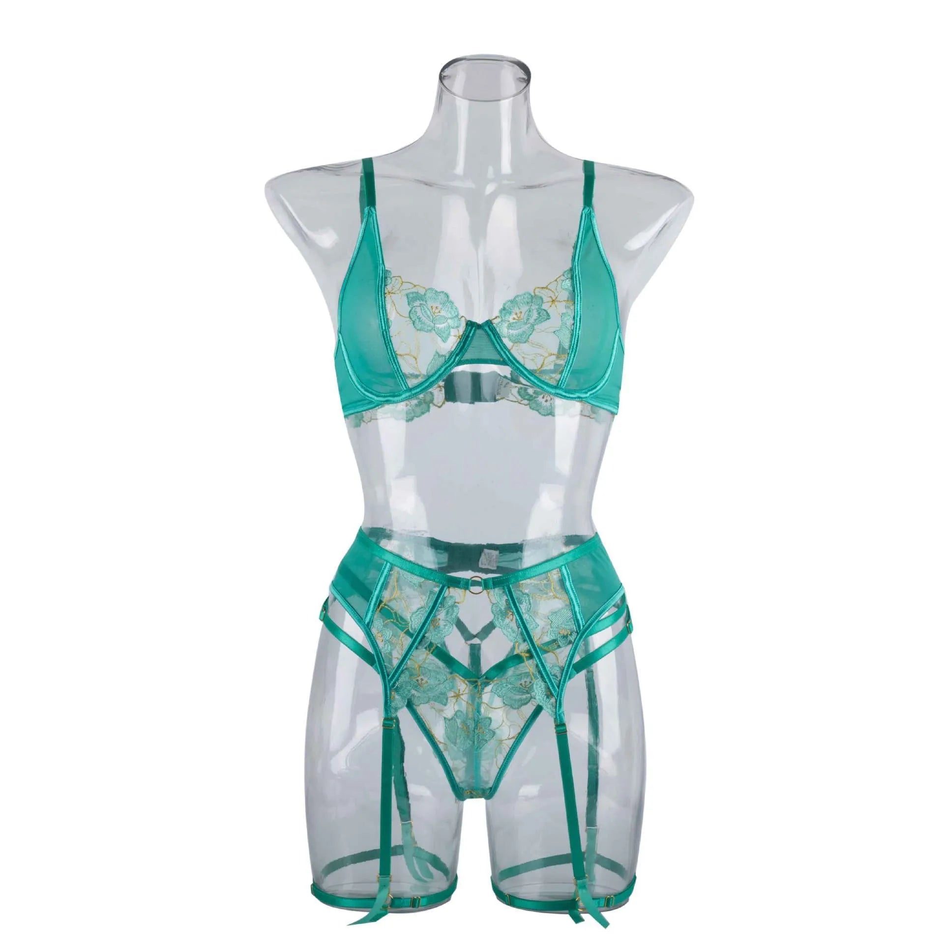 Light green embroidered women's bra and bikini set in three-point style.