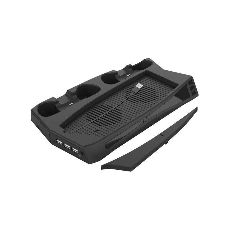 Black PS5 charging cooling base with two controller docks, three USB ports, and cooling fan for PlayStation 5 consoles
