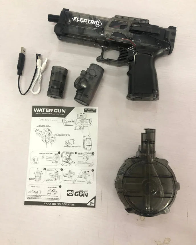 Electric water pistol with light effects showing automatic water feeding system