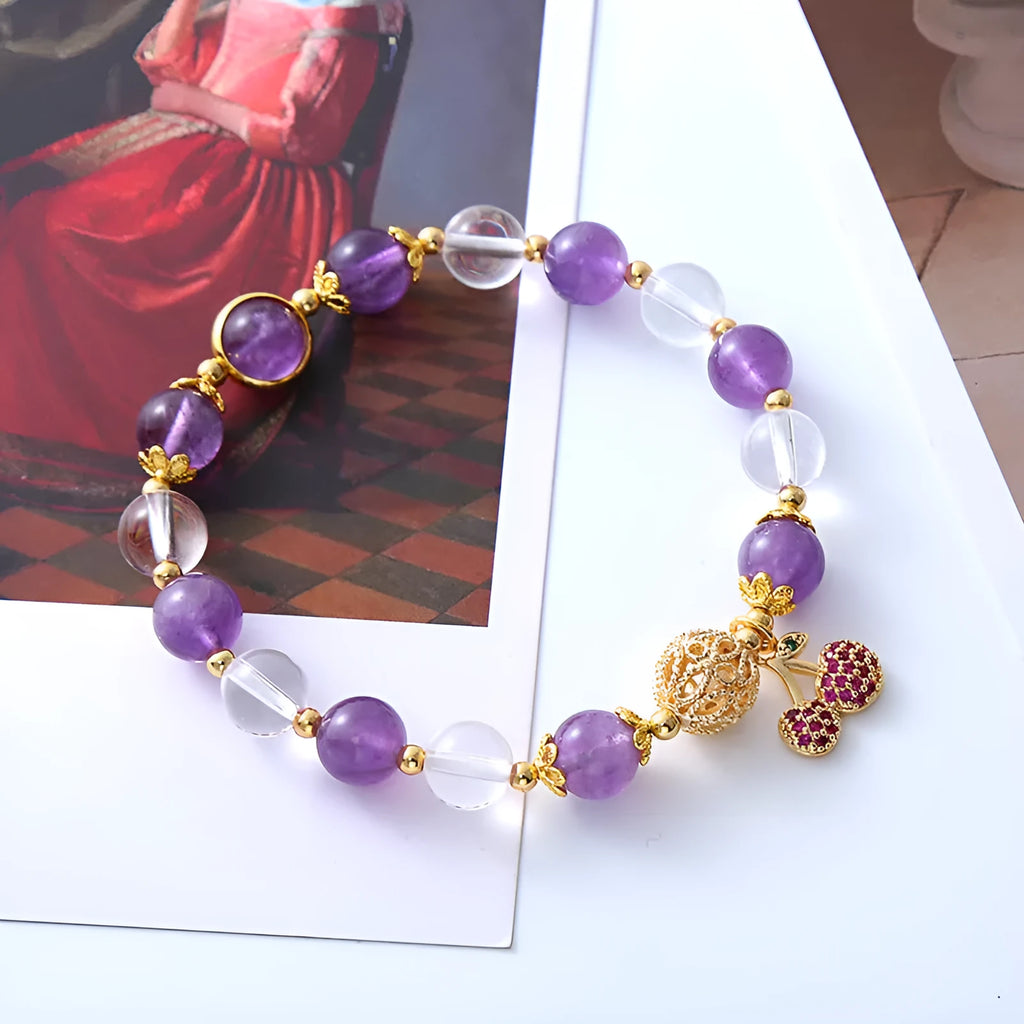 Purple amethyst crystal bracelet with micro-inlaid cherry flower pattern