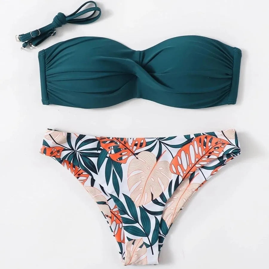 Split push up hard cup bikini swimsuit in fluorescent green on a mannequin.