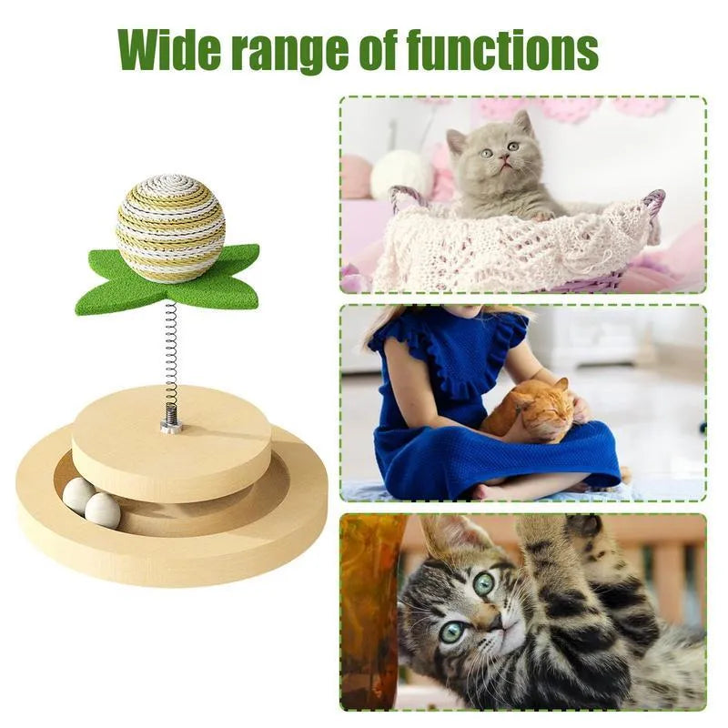 Green sisal cat toy with rotating ball track system for indoor feline play