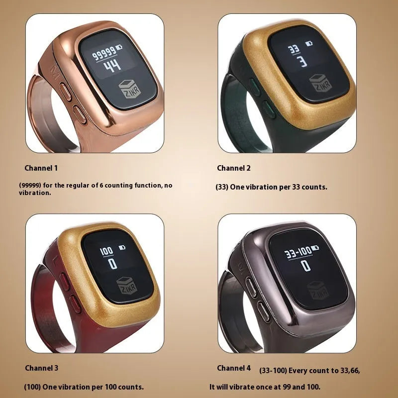 Al-Fatiha zikr counter electronic device with display screen on a black strap.