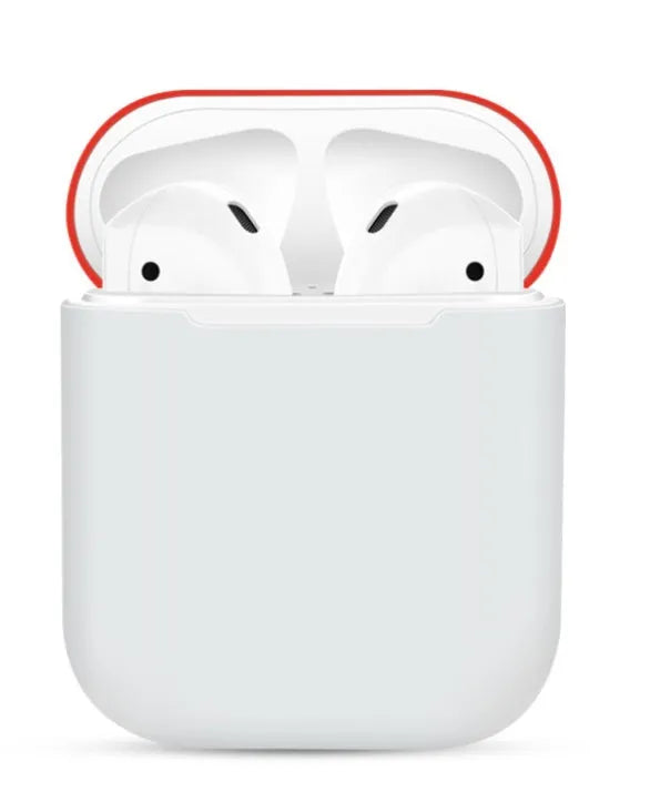 Silicone protective cover for Apple AirPods charging case shown in multiple solid colours including black, blue, and pink.