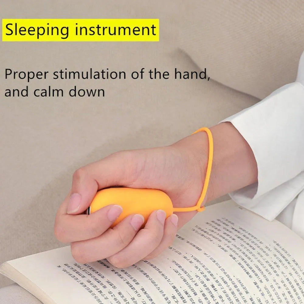 Handheld micro-current sleep aid device in grey, green, or orange colour with USB charging cable.