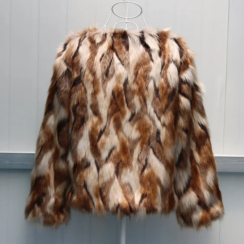Korean slim-fit women's faux fur coat in artificial fur, shown in product colour.