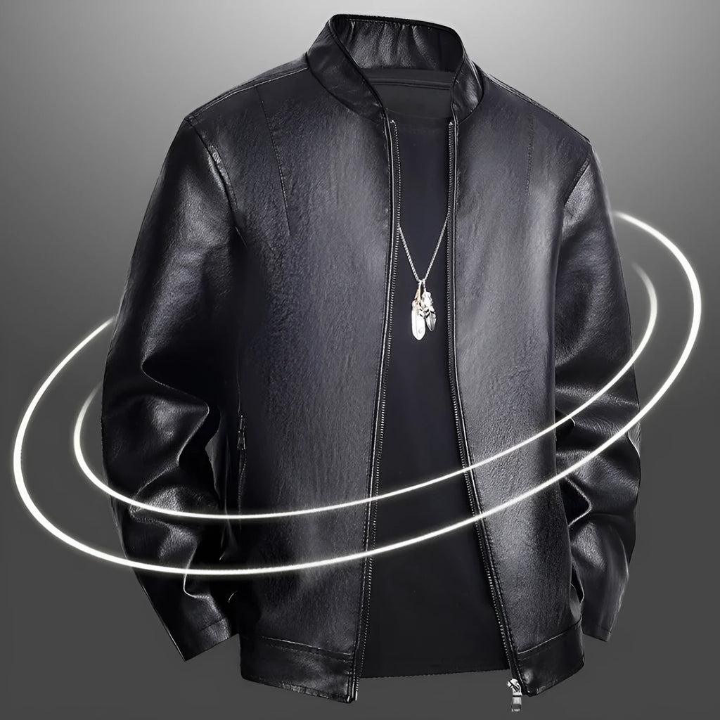 Slim-fit men's PU leather casual jacket in black with a regular 50cm length and polyester lining