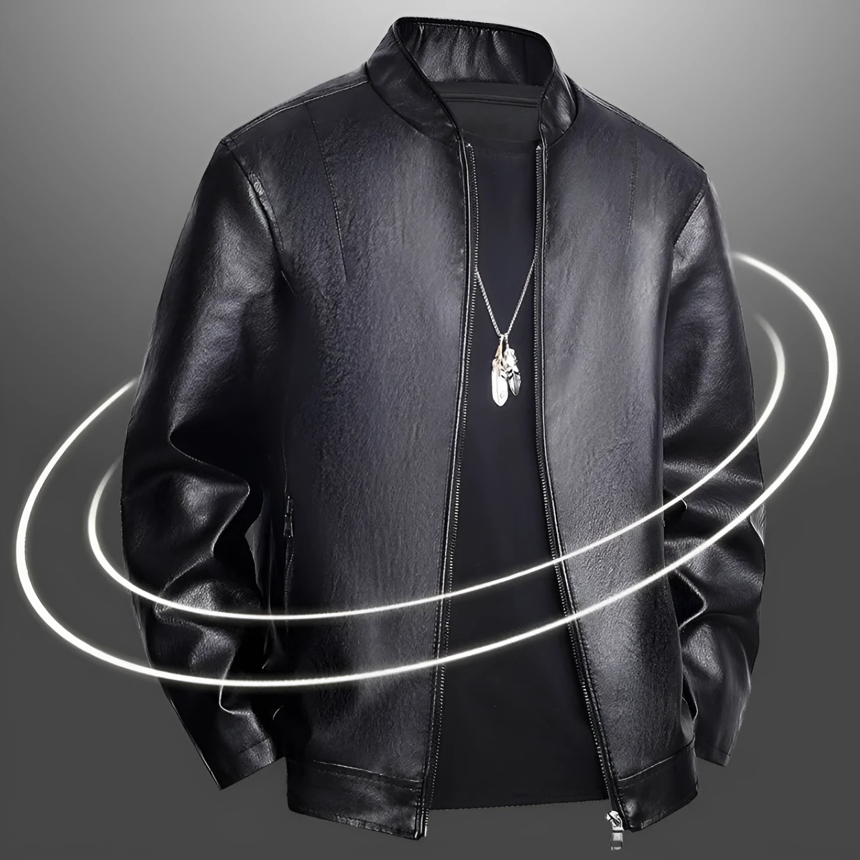 Slim-fit men's PU leather casual jacket in black with a regular 50cm length and polyester lining