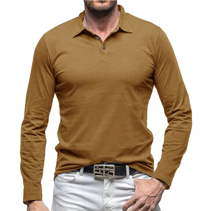 Men's dark grey cotton polo collar long sleeve t-shirt laid flat, showing American retro style.