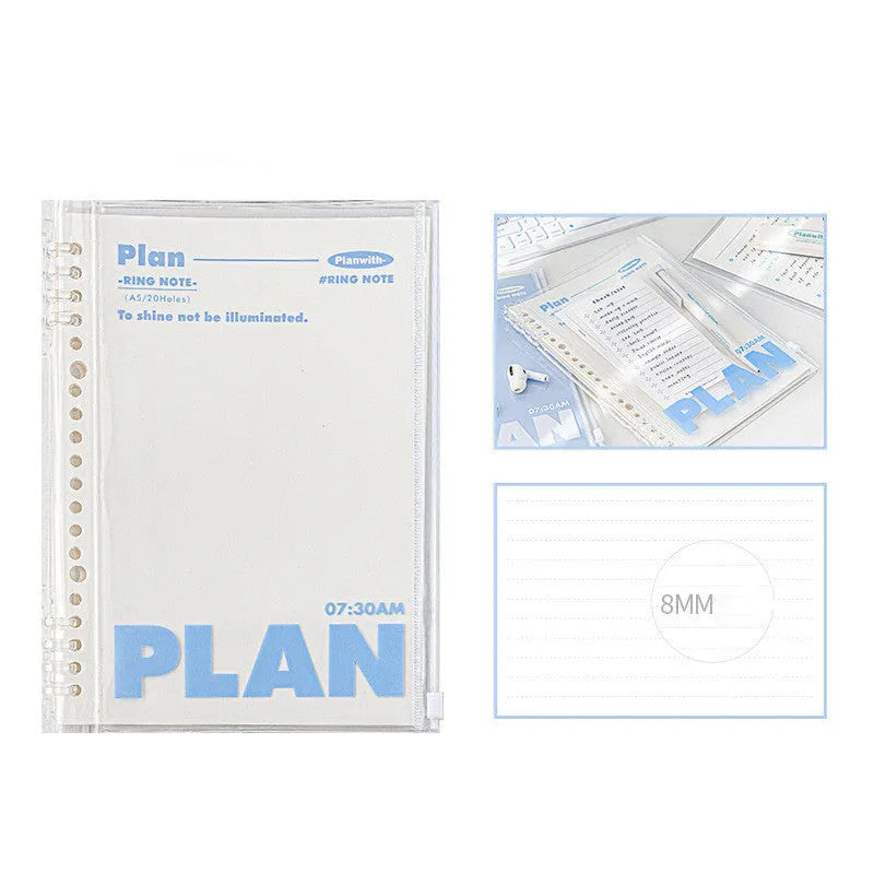 Transparent A5 PVC loose cover for spiral notebooks, shown in blue and white colour options.