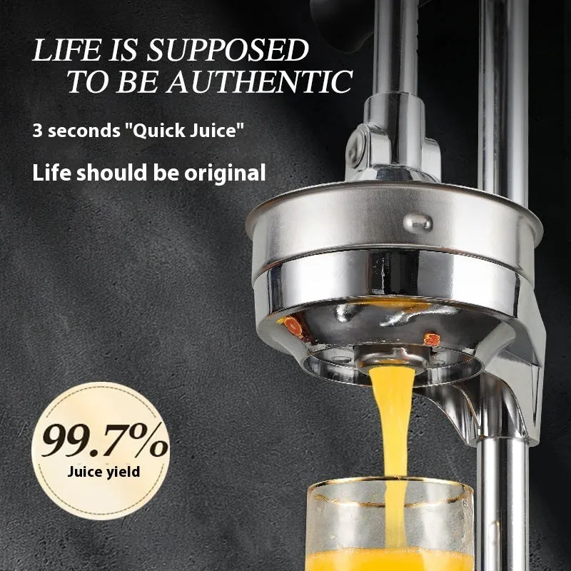Stainless steel vertical manual juicer with multiple juicing head options in modern colours