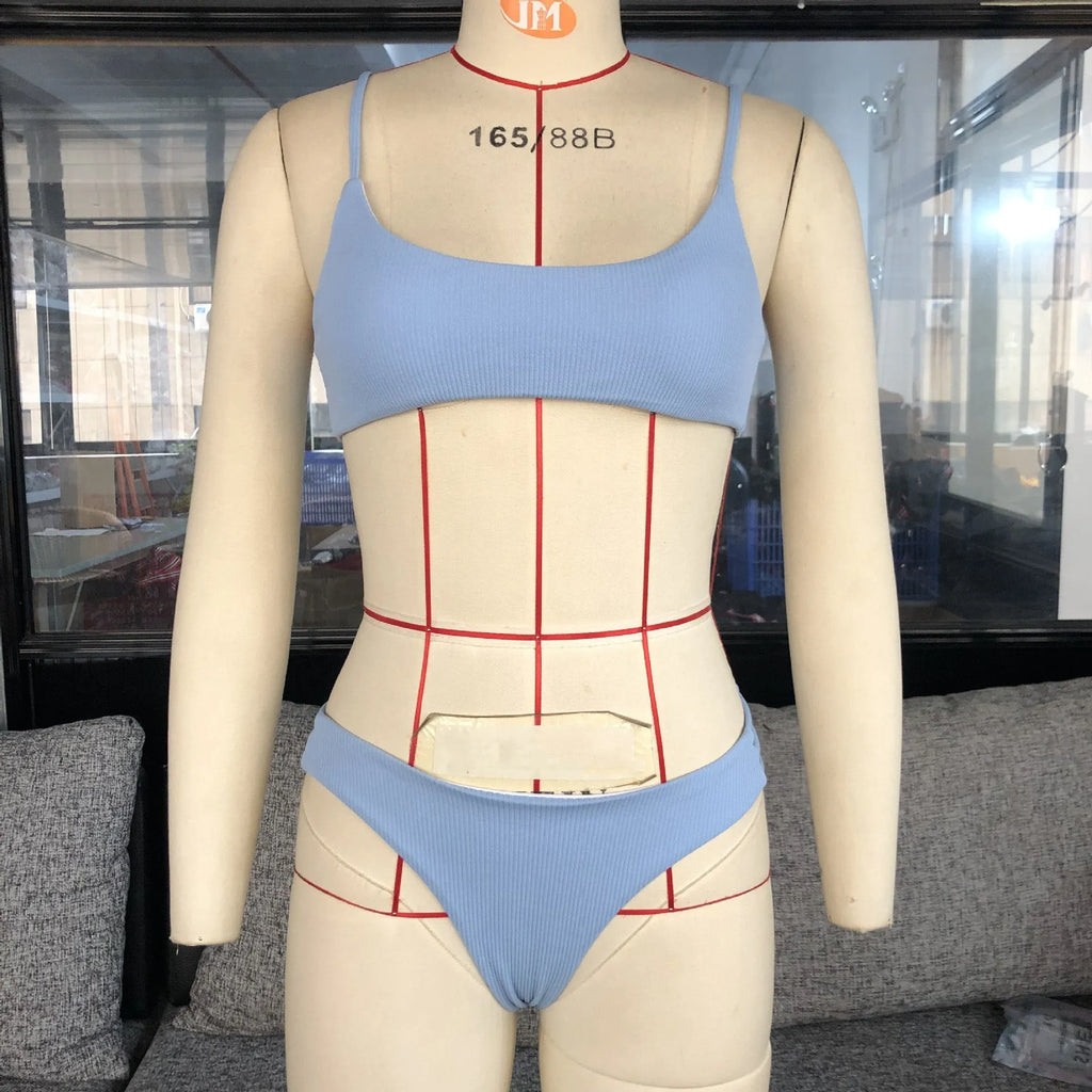 Blue solid colour striped bikini with nylon and polyester fabric