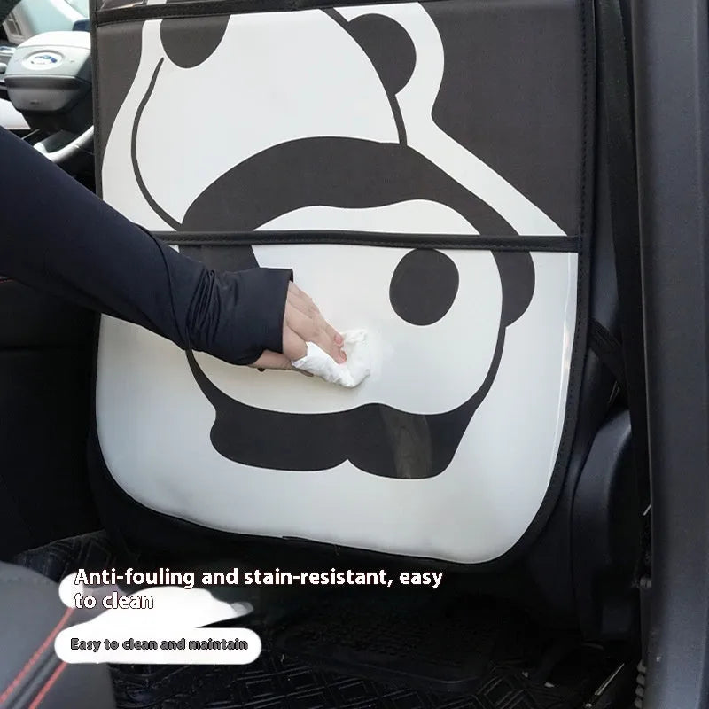 Large black and white leather Naughty Panda anti-kick pad for car backseat protection with cartoon design