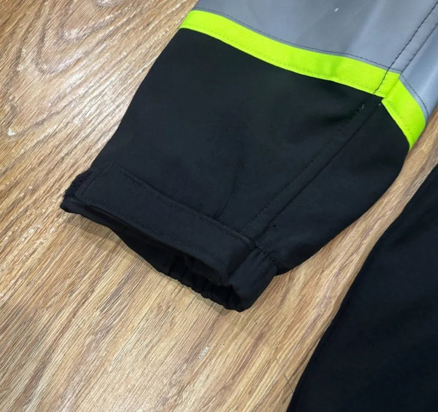 Black soft shell waterproof night reflective work coat with polyester fabric and medium length