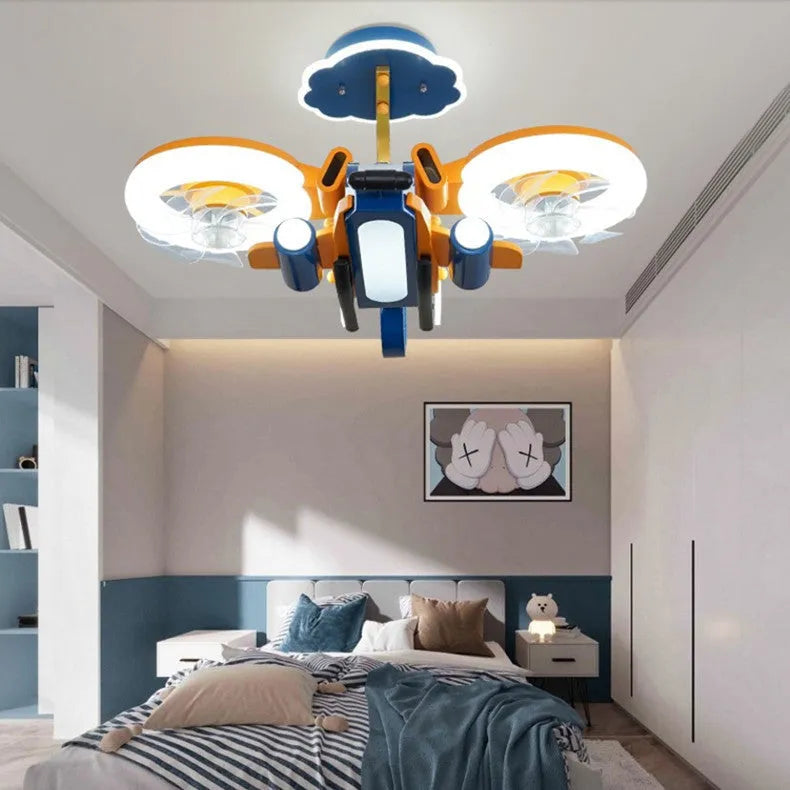 Yellow and blue ceiling fan light with acrylic shade and metal blades for bedroom installation