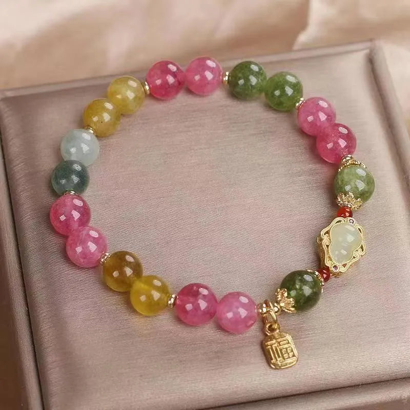 Women's gourd blessing card bracelet with colourful tourmaline stones and electroplated floral design