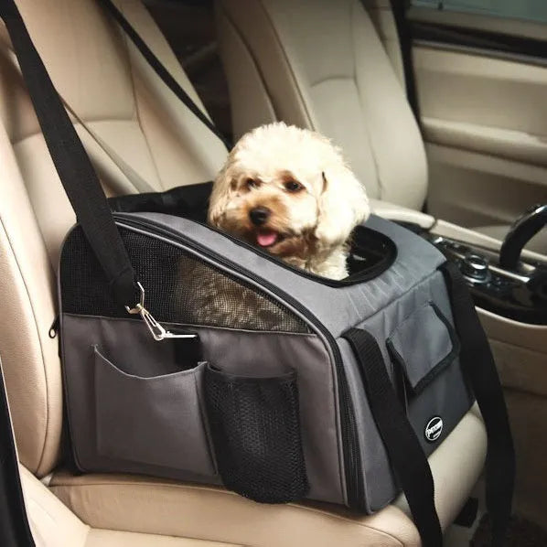 Beige Oxford fabric crossbody pet bag for dogs and cats, portable car carrier with strap