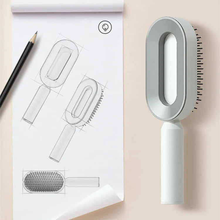 Self-cleaning hair brush with air cushion bristles in black gold, white, or purple colours