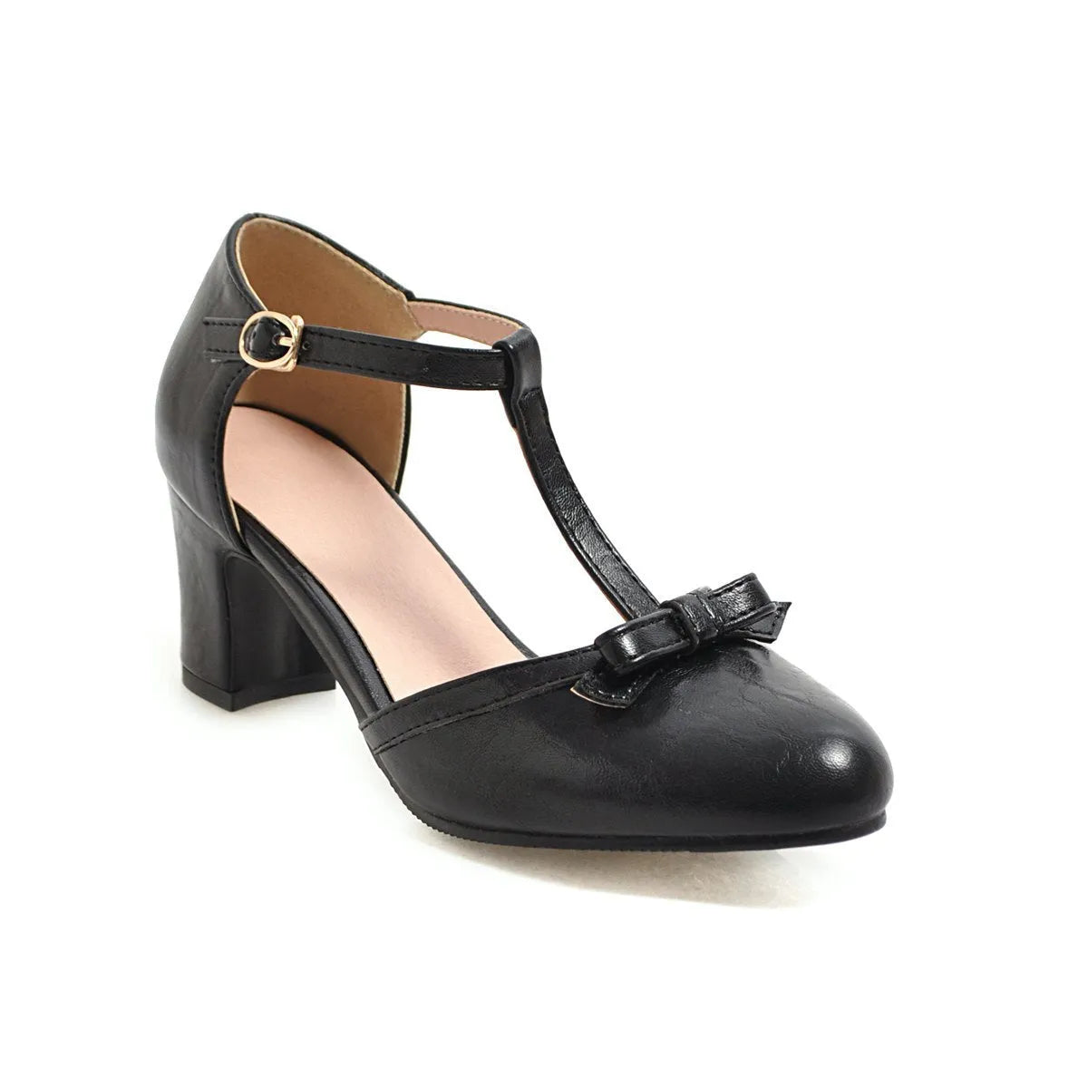 Women's solid colour chunky heel sandals with bow detail and hollow out design on round toe