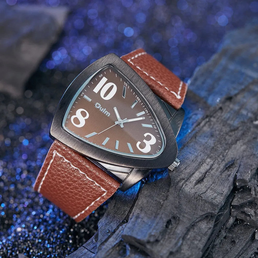 Men's casual watch with a geometric triangle-patterned strap and slim case, shown in brown, black, and blue colour variants.