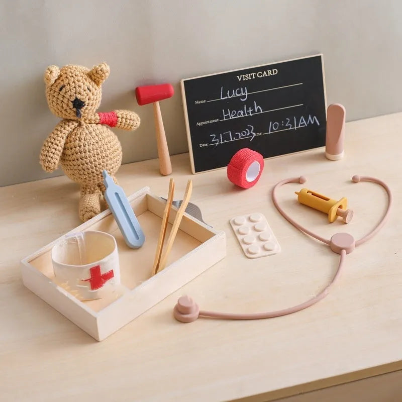 Wooden children's doctor toy set with stethoscope and medical suit for pretend play.
