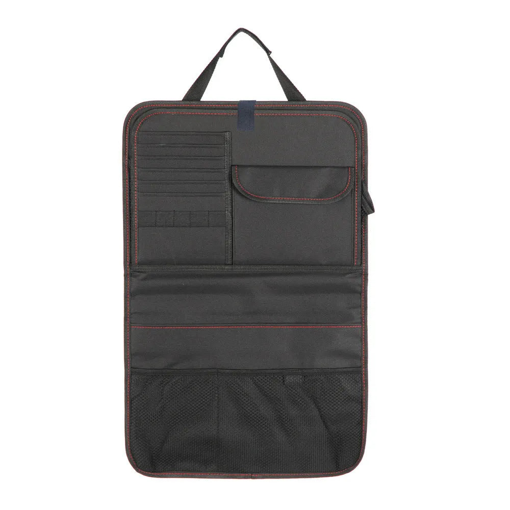 Black car seat back storage bag with red line, Oxford cloth, 38 x 60 cm, multi-pocket organiser and foldable tray