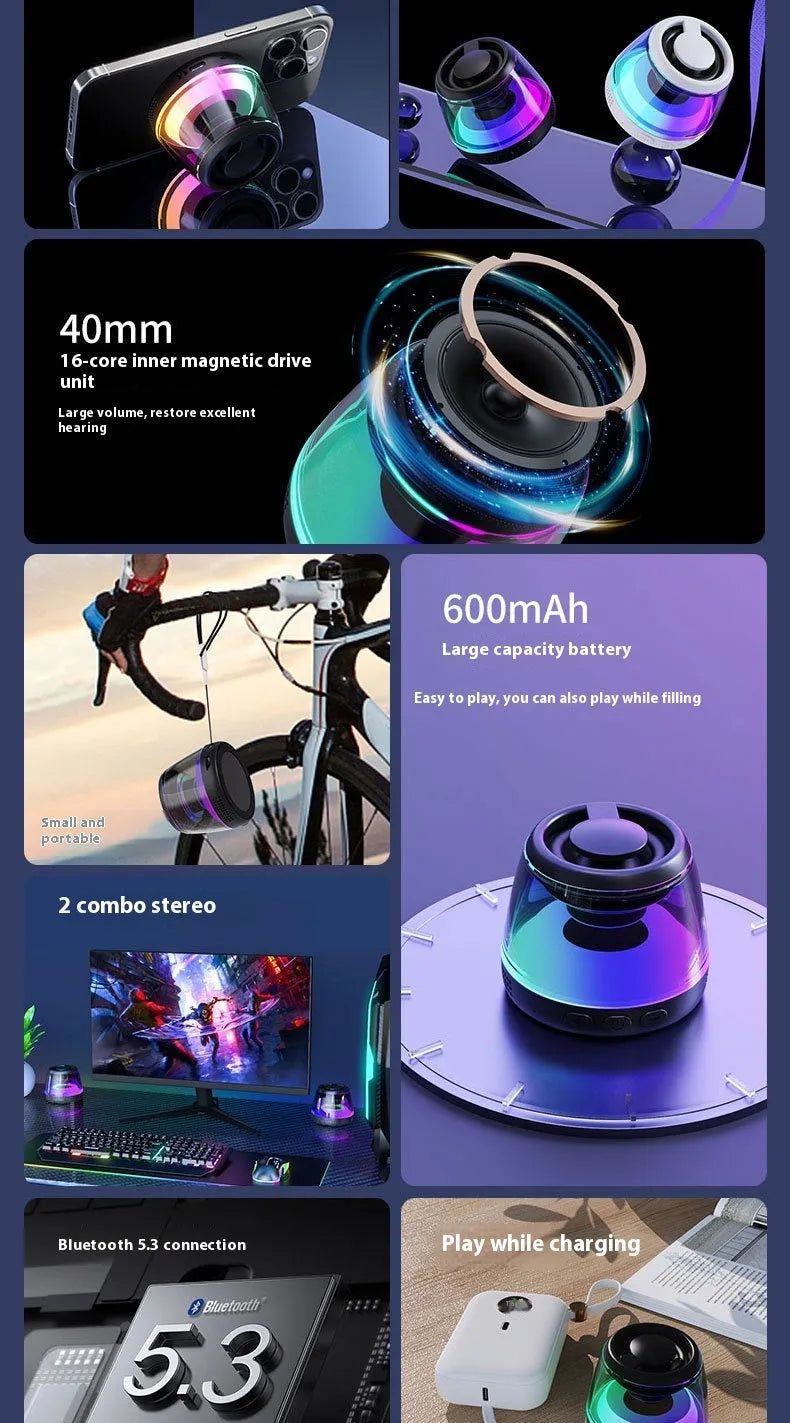 Portable white or black Bluetooth speaker with ambient lighting effects and magnetic mounting