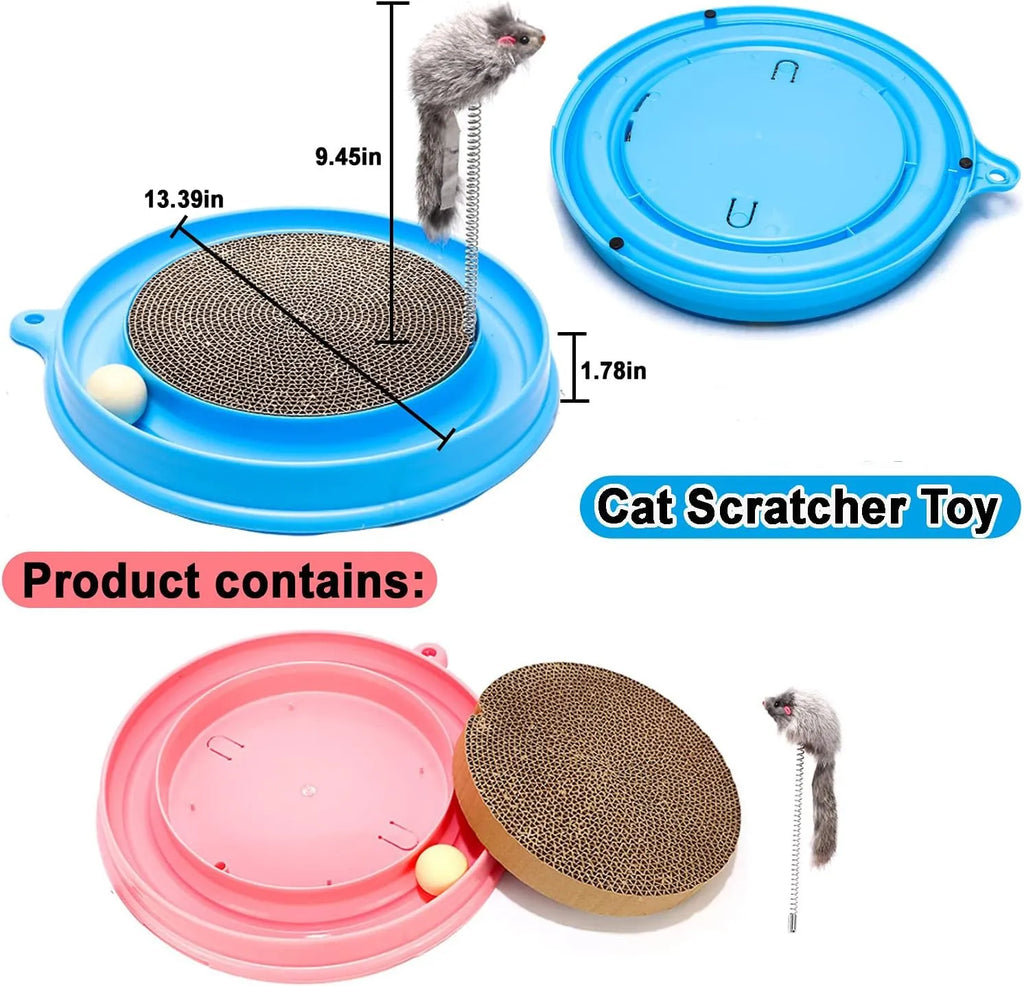 Blue circular cat scratcher toy with ball track and replaceable cardboard scratching pad