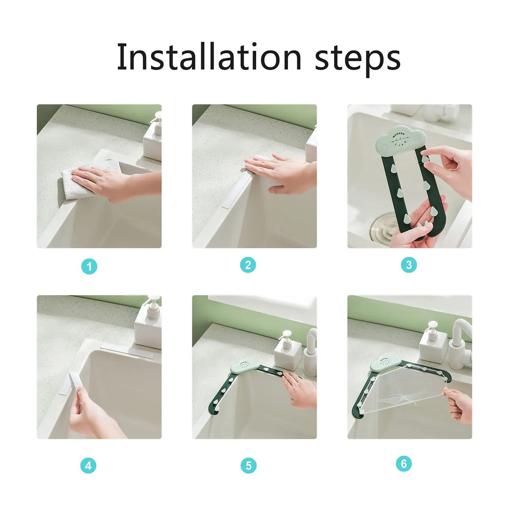 Green triangular ABS plastic sink drain rack with elastic mesh filter net installed in kitchen sink corner.