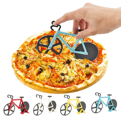 Stainless steel pizza cutter with bicycle-inspired design, featuring a sharp, corrosion-resistant blade and a comfortable one-handed grip for easy slicing of pizzas, breads, and more.