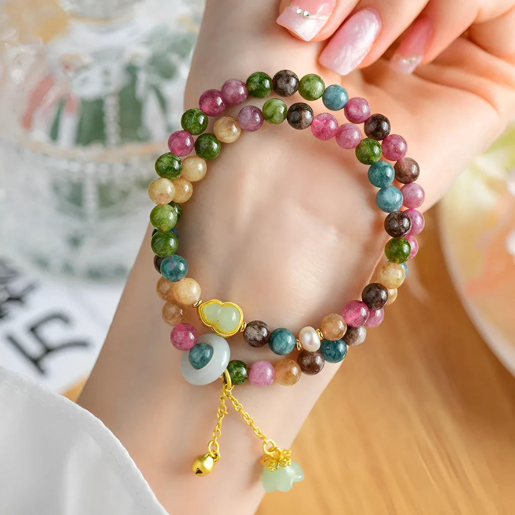 Women's double ring bracelet with geometric 6-6.5mm chalcedony beads in natural crystal tourmaline
