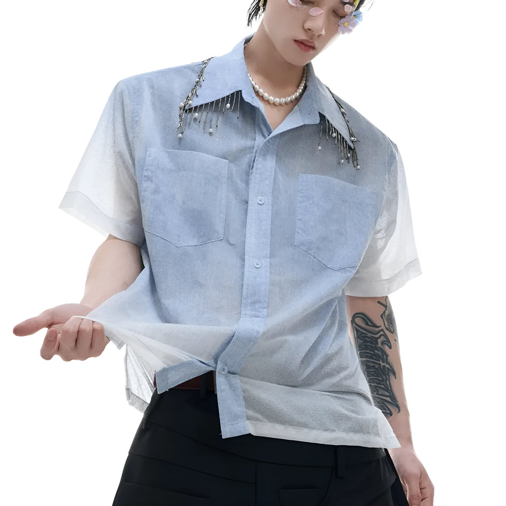 Men's blue and white gradient loose fit shirt with quilted detailing and short sleeves