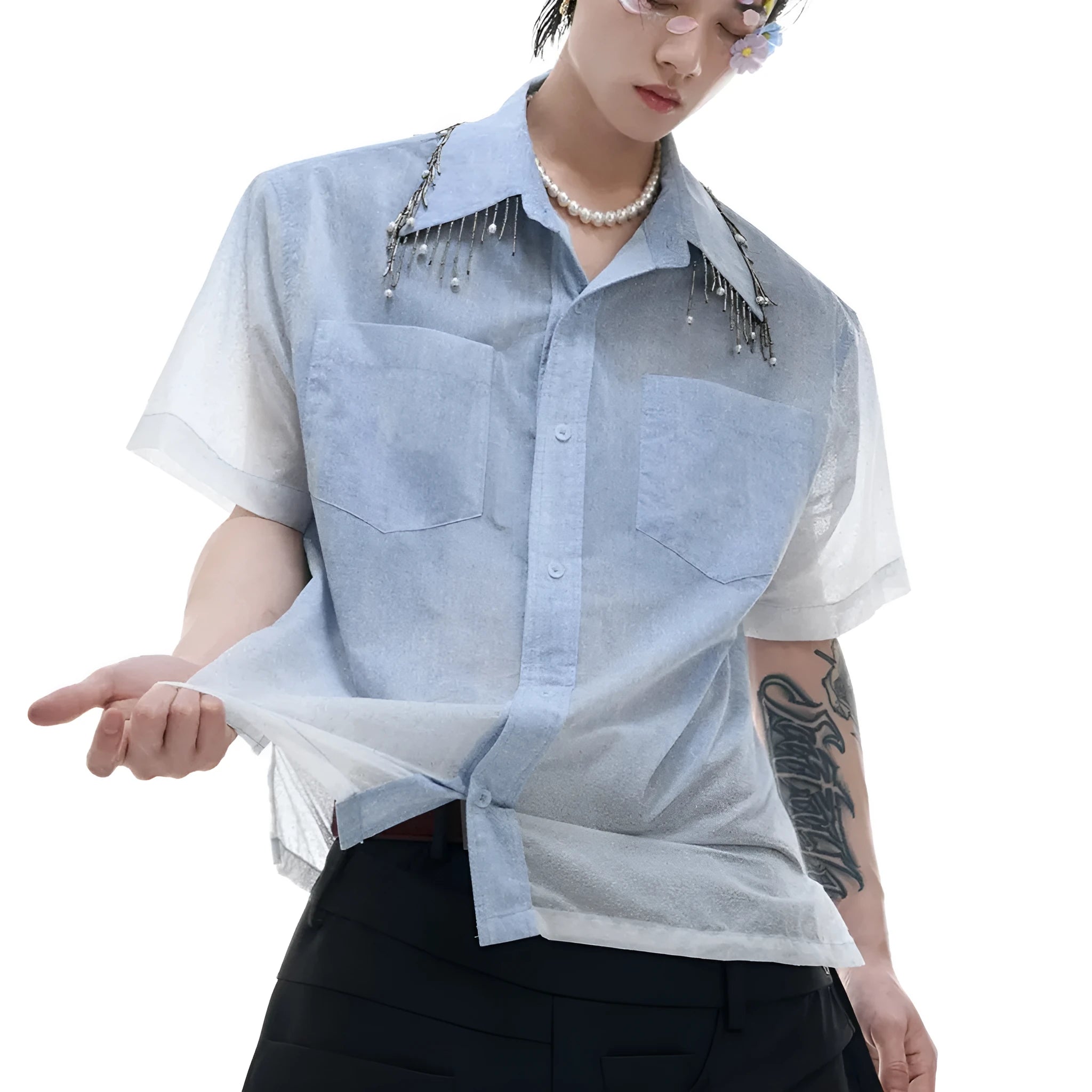 Men's blue and white gradient loose fit shirt with quilted detailing and short sleeves