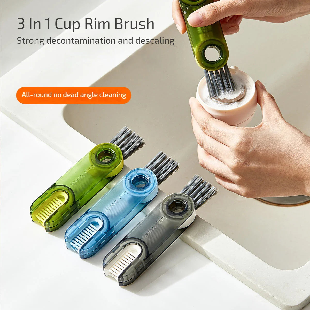 Multipurpose 3-in-1 cleaning brush with spiral design, beveled corners, and sponge tip for efficiently cleaning hard-to-reach areas like cups, bottles, and vases