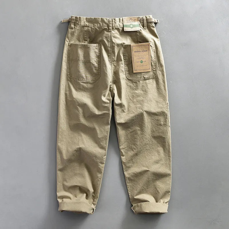Men's straight leg cotton work trousers in apricot, army green, or brown colours with mid waist fit