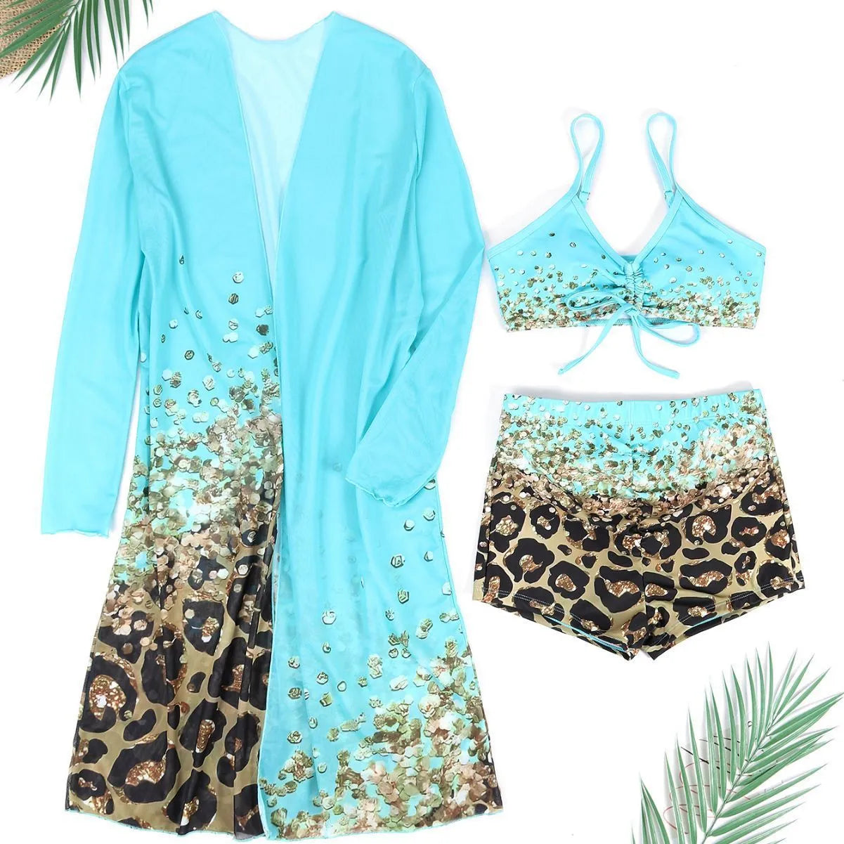 Women's polyester swimsuit set showing sleeveless top and briefs style bottom with matching coat