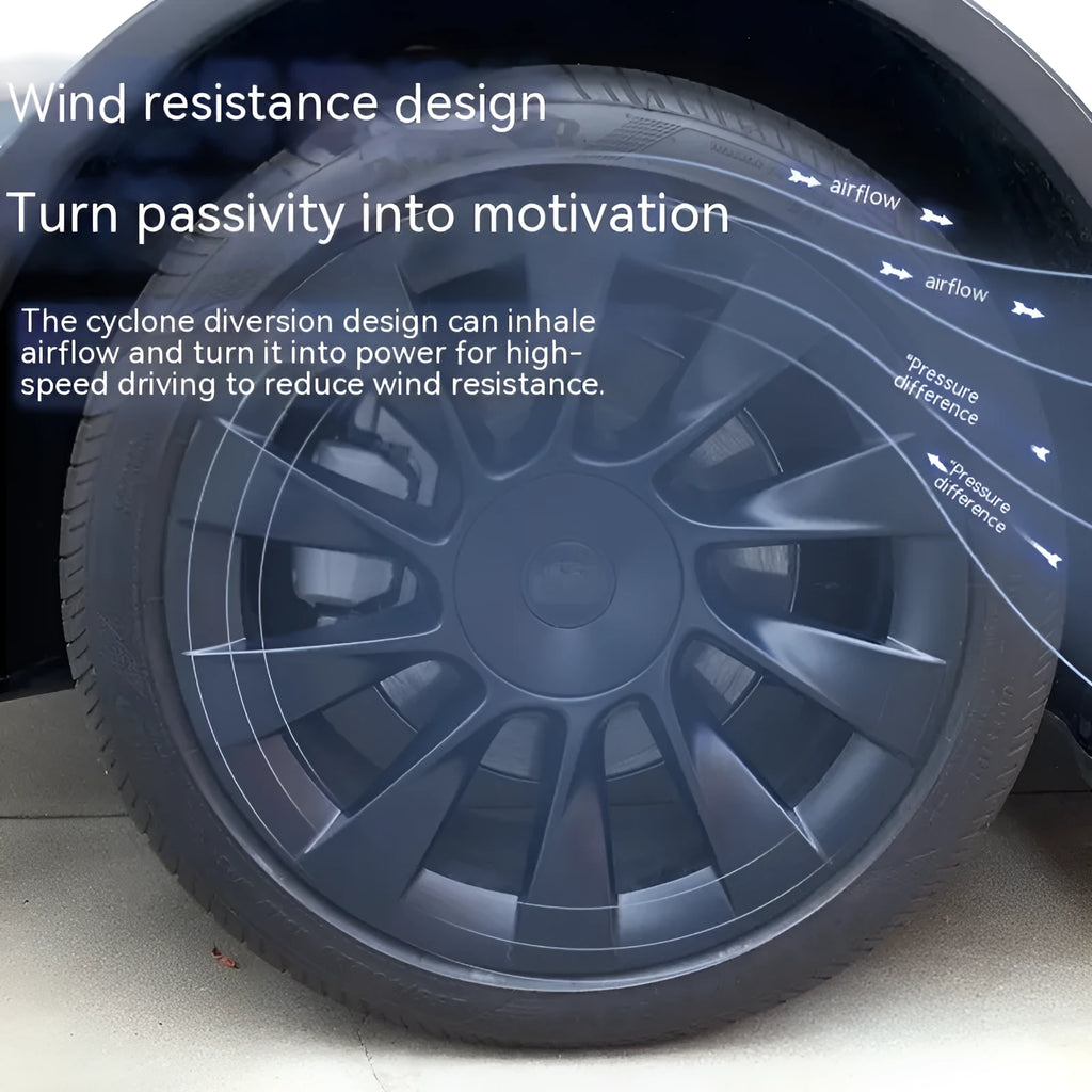 Tesla Model Y plastic wheel hub cover with sectional steel ring design in four colour options