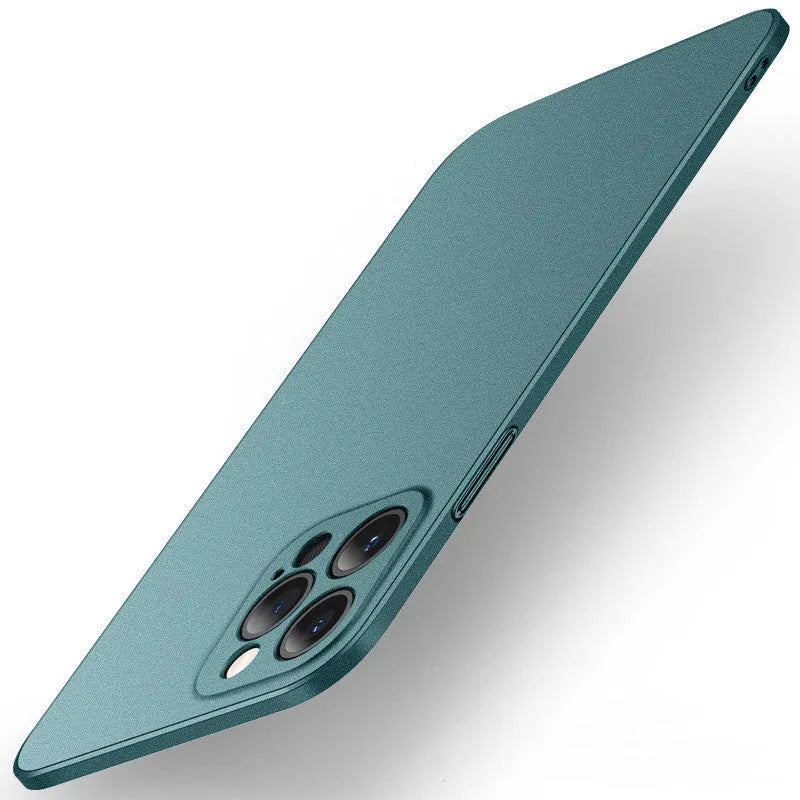 Rock and sand textured PC back cover case for iPhone on a table, shown in dark green colour.