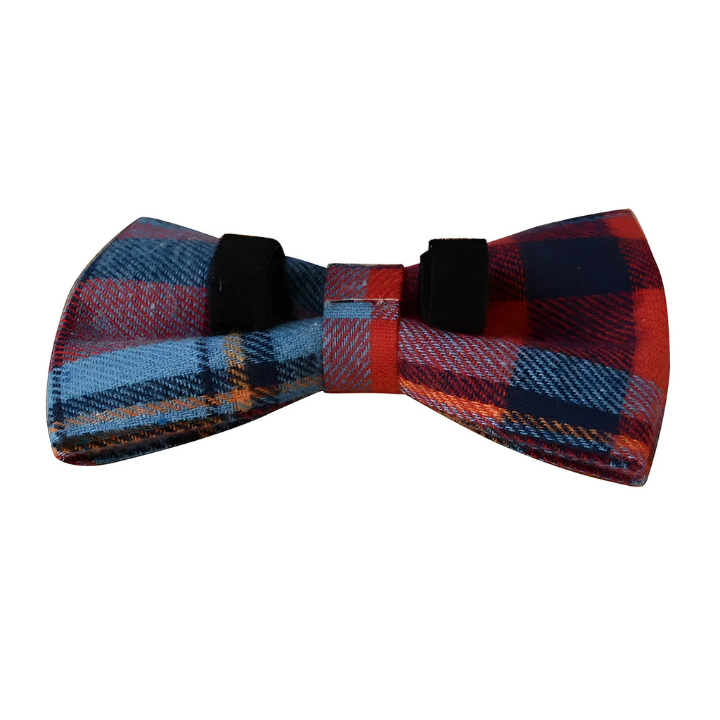 Blue plaid velvet dog collar with metal buckle and bow accessory
