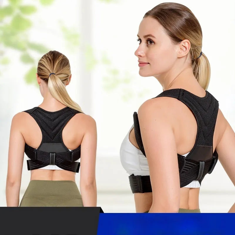 Black adjustable anti-humpback posture correction belt shown on a model, highlighting the straps and upper back coverage.