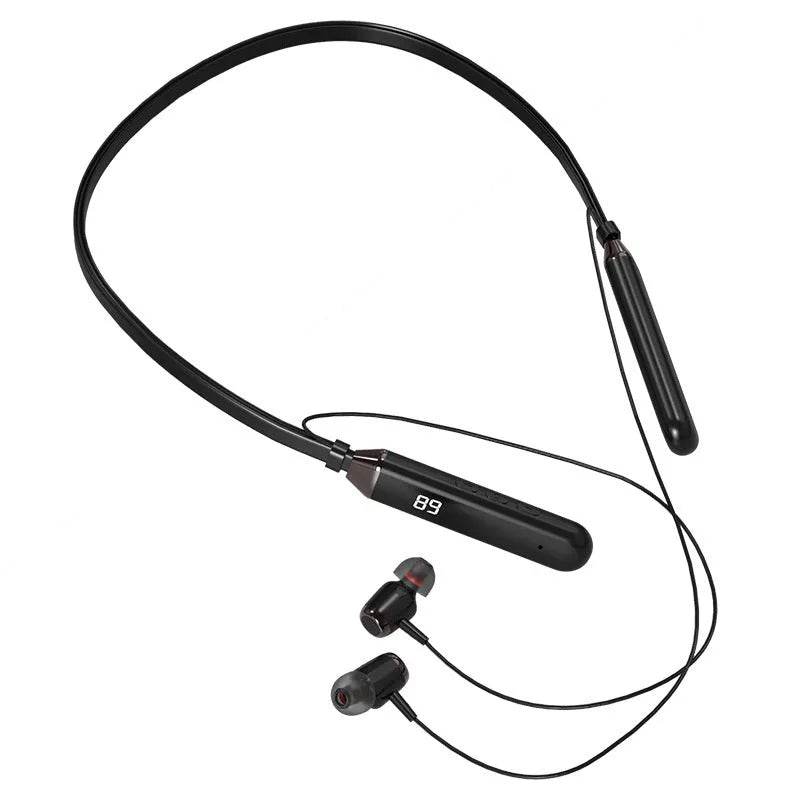 Wireless Bluetooth 5.0 neck hanging sports headset in black with digital display and 500mAh battery