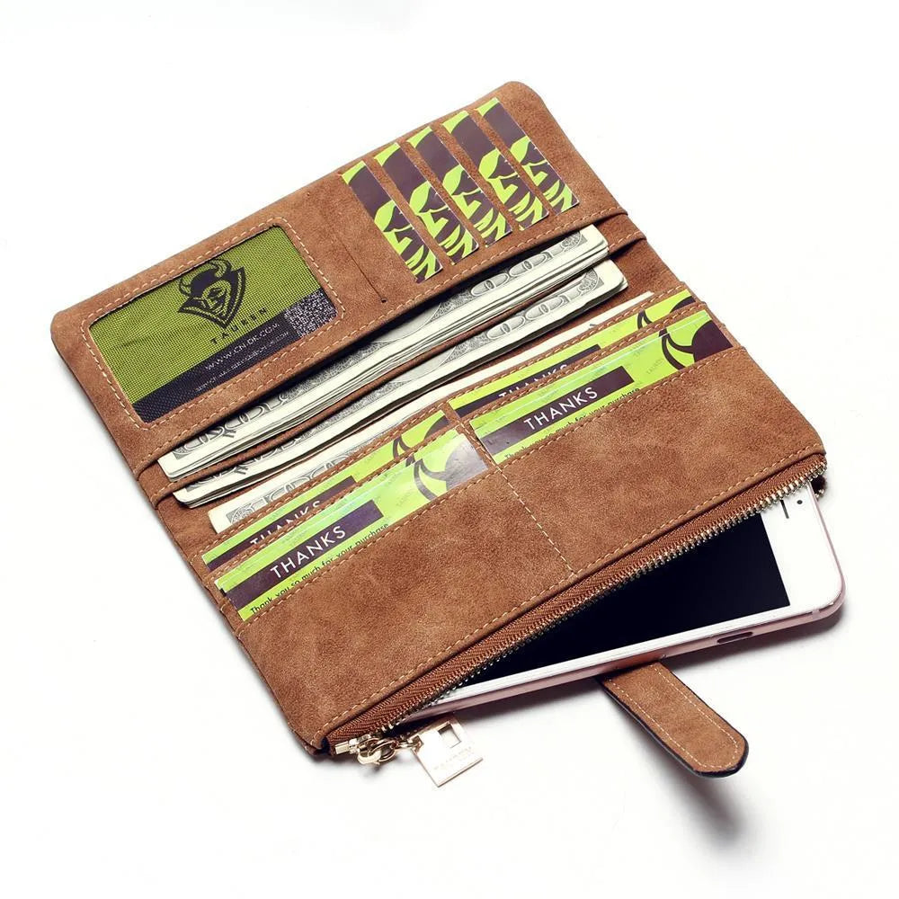 Korean-style retro matte leather-effect women's long wallet open showing interior card slots and organisation