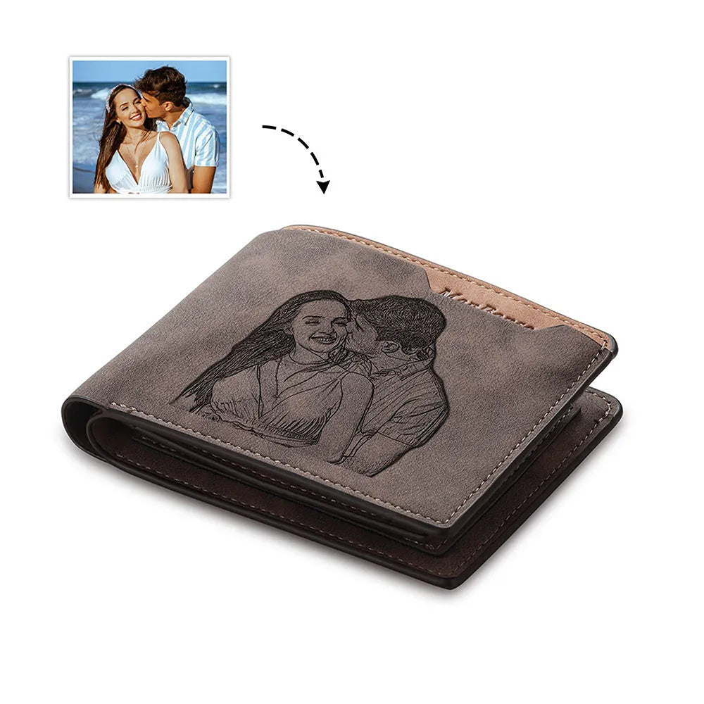 Coffee brown PU leather horizontal wallet with custom photo engraving and lettering, shown next to a card for scale.
