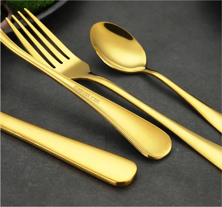 Stainless steel tableware 24 piece set showing table knives, forks, and spoons in multiple colour options