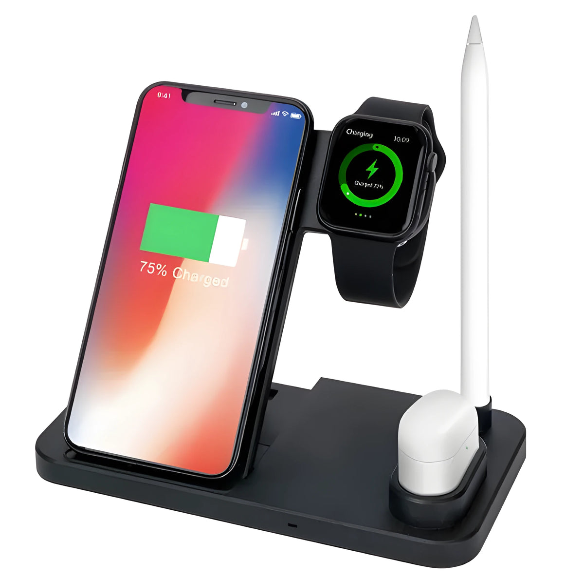 Black 4-in-1 wireless charging station with phone on adjustable stand, charging Apple Watch, AirPods, and Apple Pencil.