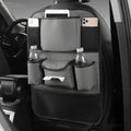 Leather car seat back storage bag shown in available colours: black, grey, green, and brown.