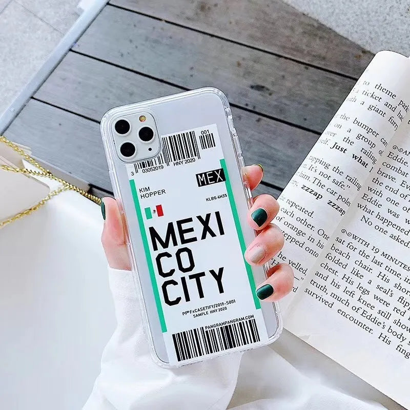 Graffiti design ticket phone case in light green for iPhone, showing back cover with TPU and silicone materials.