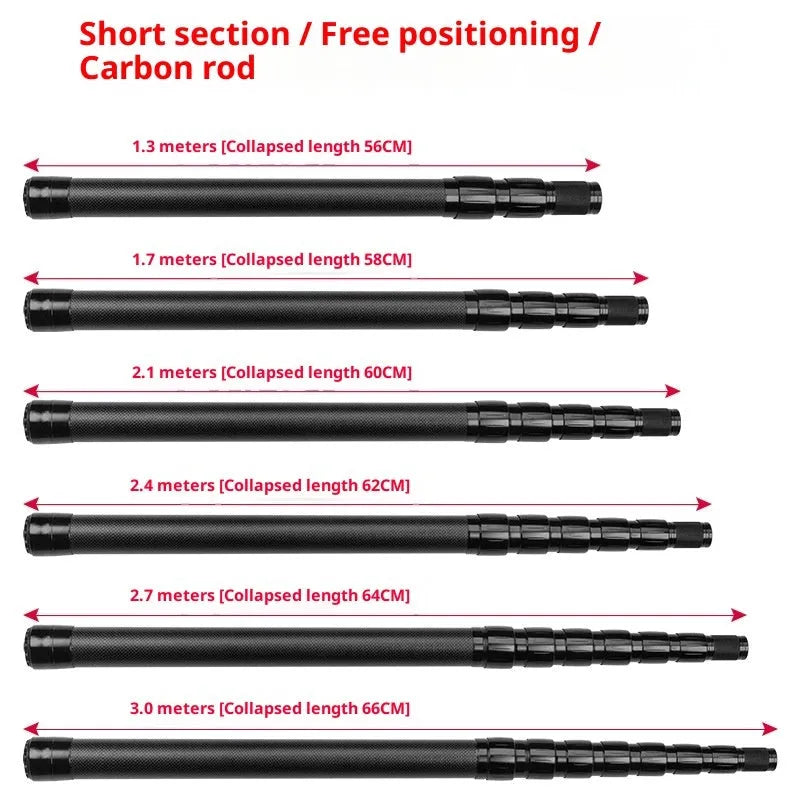Carbon telescopic fishing rod with free orientation spool, 13m to 30m option